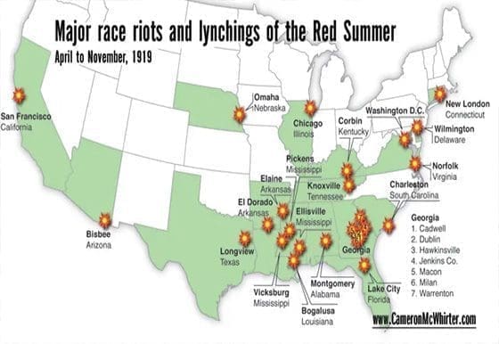 The major race riots and lynchings during Red Summer, 1919