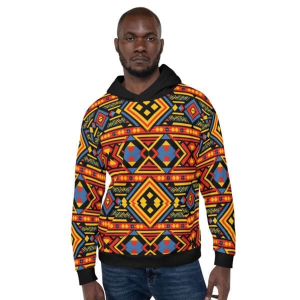 Model Wearing African Tribal Print Hoodie at Afrobeats Event