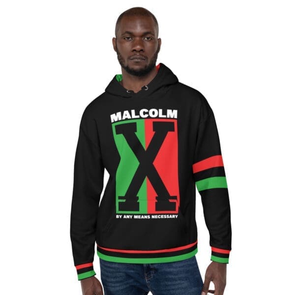 Malcolm X by any means necessary hoodie front view