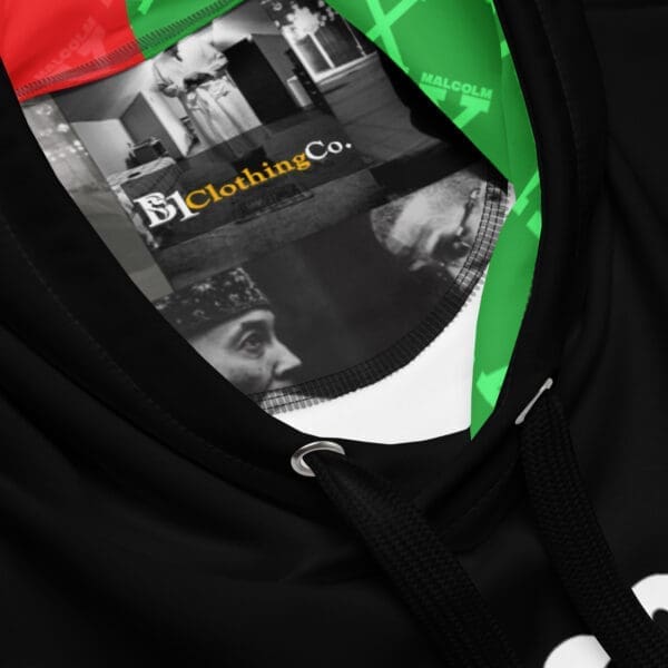 Close-up of Malcolm X black history hoodie print