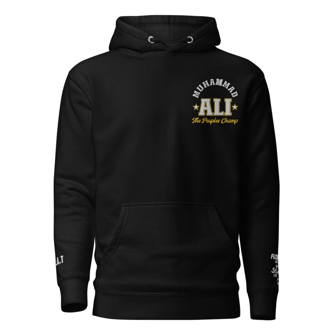 Muhammad Ali heritage sweatshirt in black, front facing.