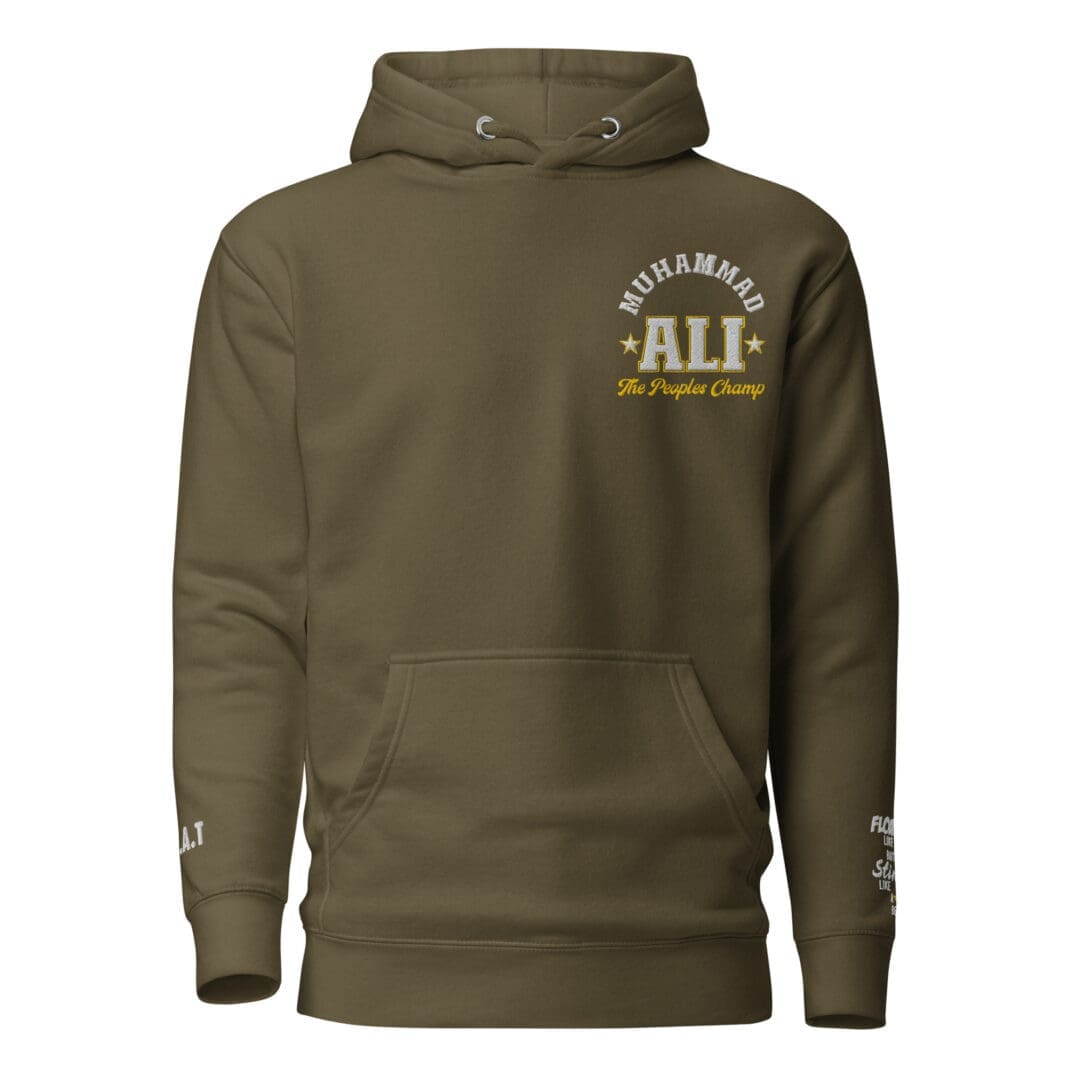 Muhammad Ali heritage sweatshirt in military green, front facing.