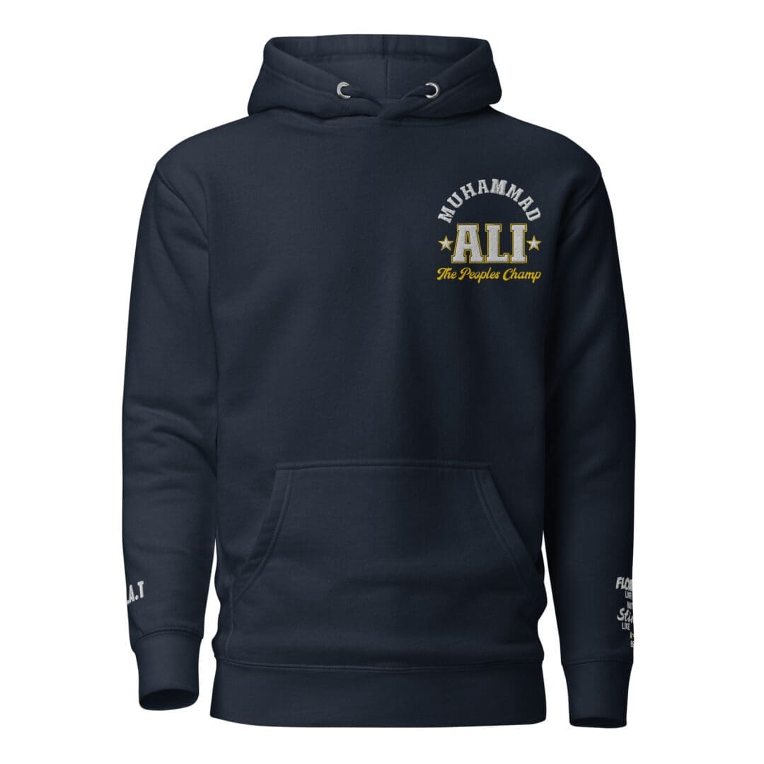 Muhammad Ali heritage sweatshirt in navy blazer, front facing.