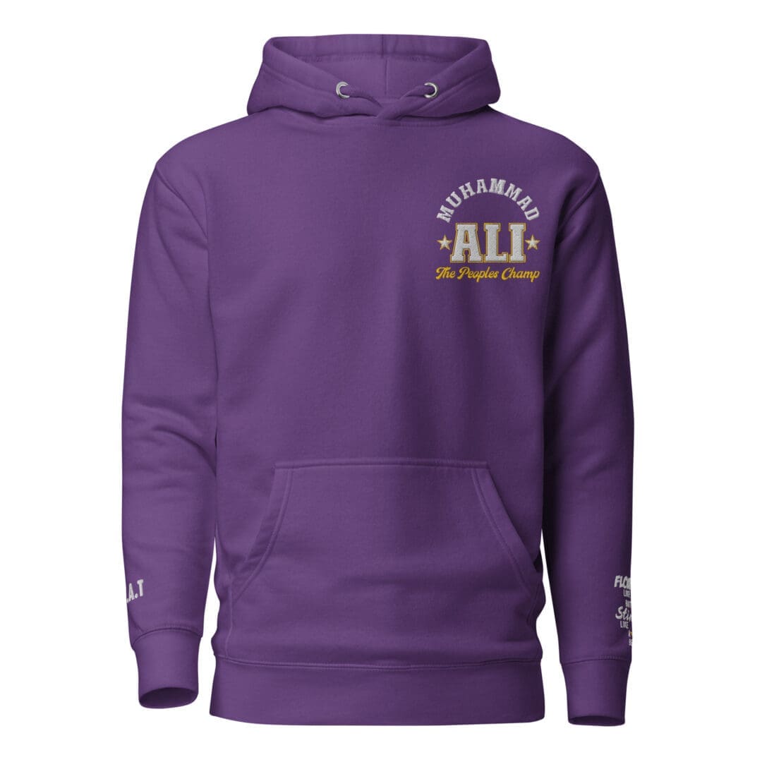 Muhammad Ali heritage sweatshirt in purple, front facing.