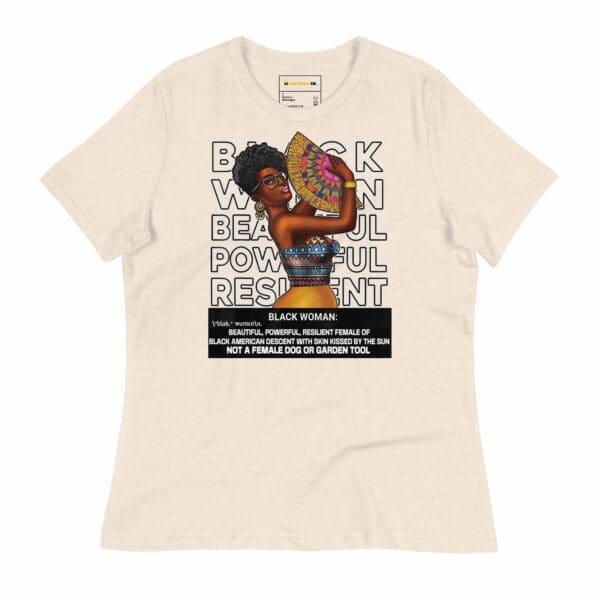 Front view of the "Black Woman Beautiful Powerful Resilient Graphic T-Shirt" in heather prism natural color from B1Clothing Co. The heather prism natural t-shirt shows the graphic design.
