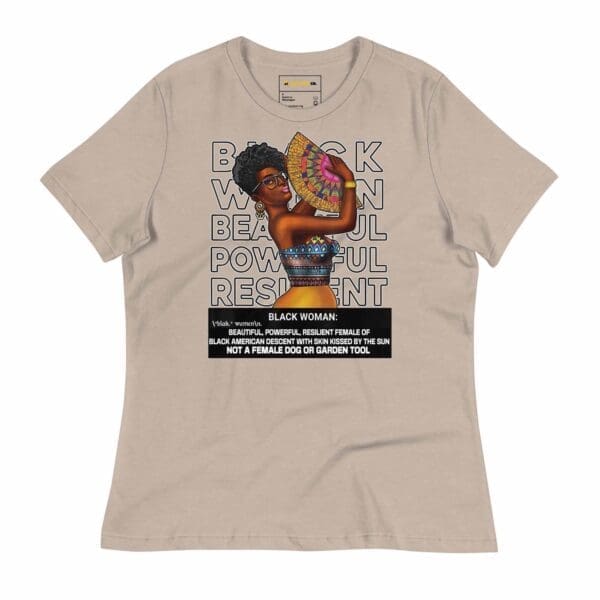 Front view of the "Black Woman Beautiful Powerful Resilient Graphic T-Shirt" in heather stone color by B1Clothing Co. The heather stone t-shirt displays the empowering graphic in black ink.