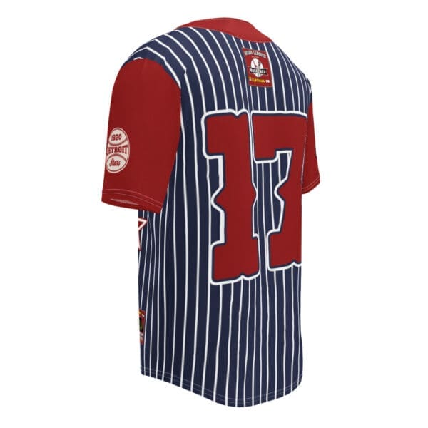 Close-up of the Detroit Stars logo with red accents on the blue part of the jersey.