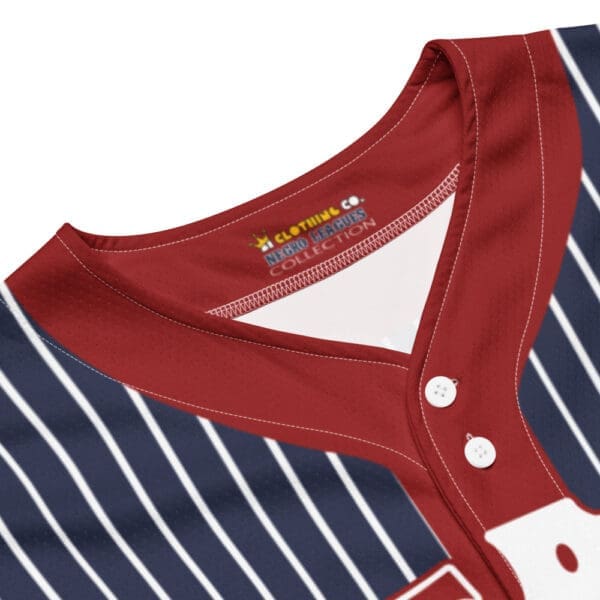 Close-up of the button closure on the blue and red baseball jersey.
