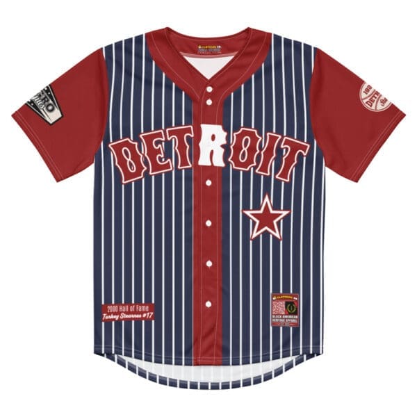 Front view of the blue and red Detroit Stars Negro League replica jersey.