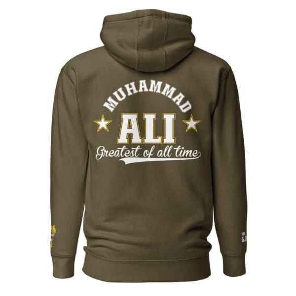 Muhammad Ali champion legacy hoodie in military green, back view.