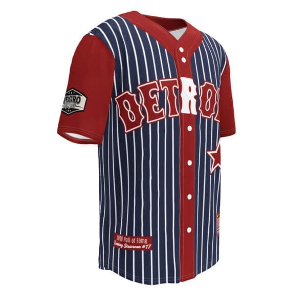 Detail of the sleeve design on the blue and red Detroit Stars jersey.