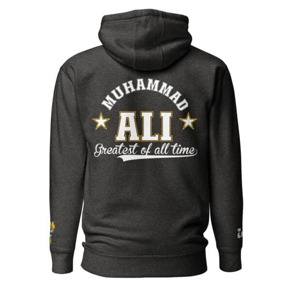 Back view of the Muhammad Ali Black History hoodie in charcoal heather.