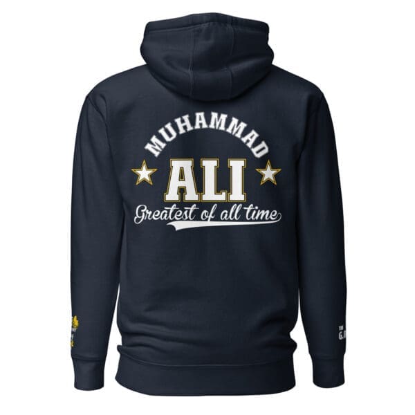 Back view of the Muhammad Ali Black History hoodie in navy blazer.