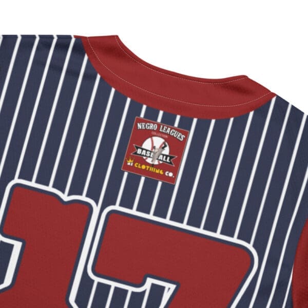 Angled view showcasing the design of the red Detroit Stars Negro League jersey.