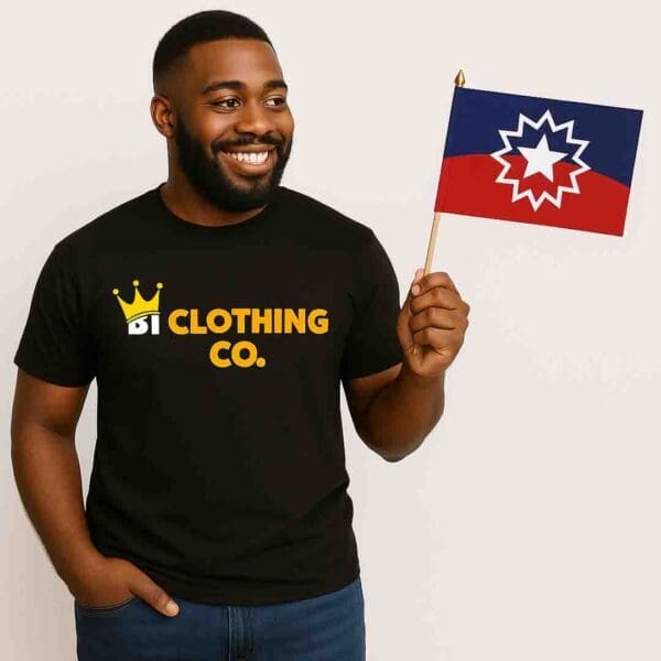 Man in B1 Clothing Co. t-shirt joyfully waving the durable Terylene Juneteenth hand flag.