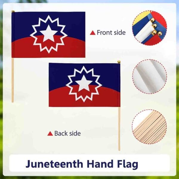 B1ClothingCo Juneteenth hand flag showcasing front and back views with details of durable Terylene fabric and construction.