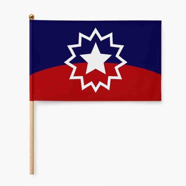 B1ClothingCo durable Terylene Juneteenth hand flag (8.2x5.5 inch) on wooden stick, front view.