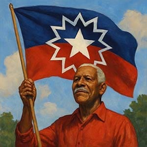 Painting of an elder Black American Freedman proudly holding the Juneteenth flag, representing heritage, resilience, and the enduring symbolism of freedom.