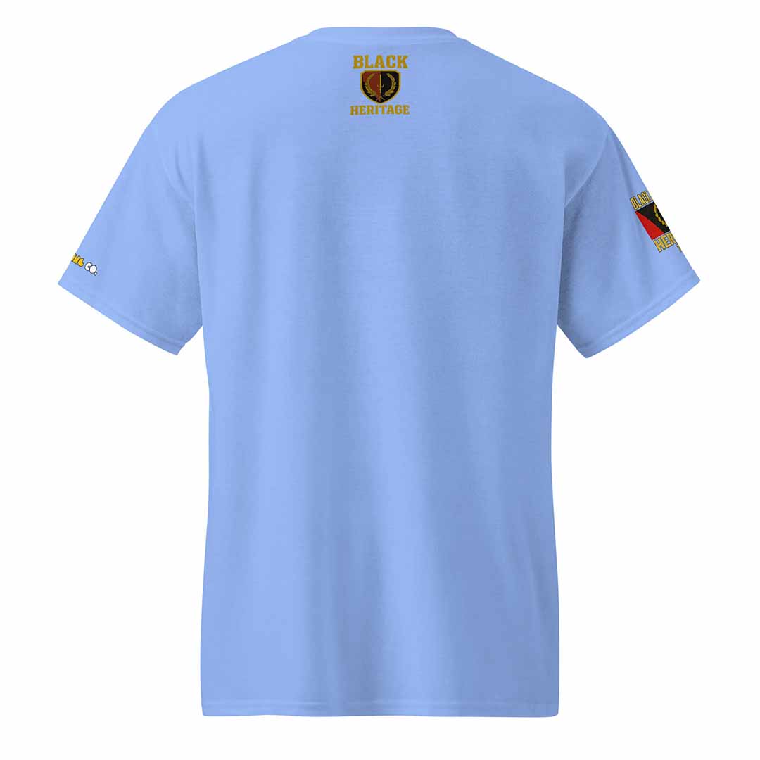 Black American Heritage Flag t-shirt in Carolina blue, back view, sweat-free comfort