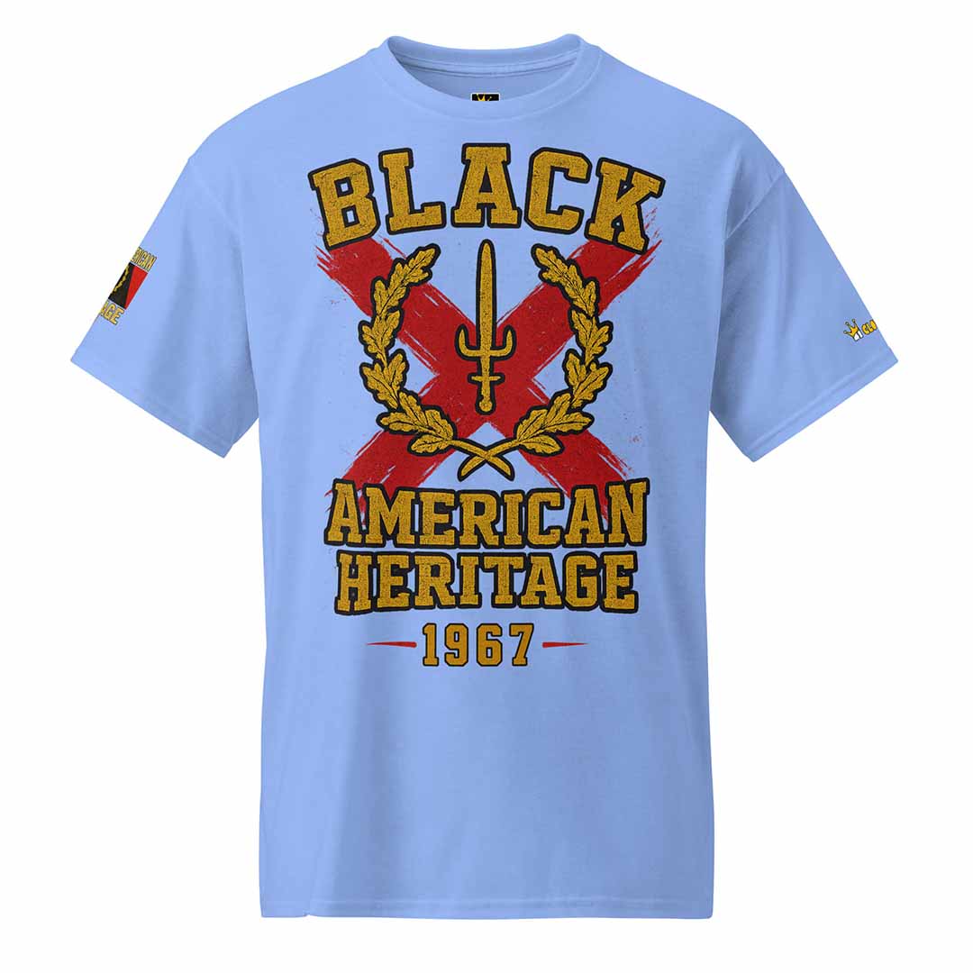 Black American Heritage Flag t-shirt in Carolina blue, front view, versatile style