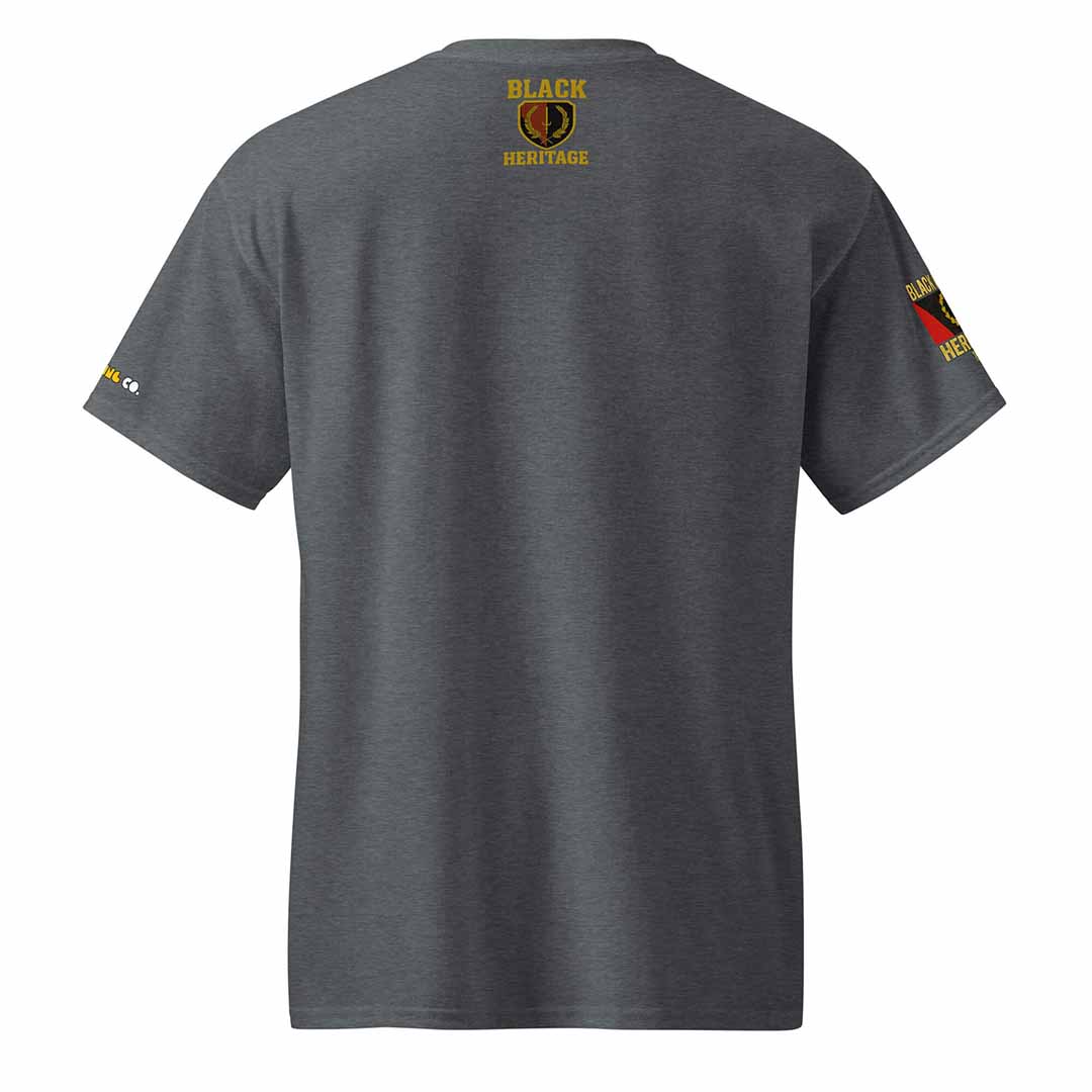 Black American Heritage Flag t-shirt in dark heather, back view, DryBlend technology