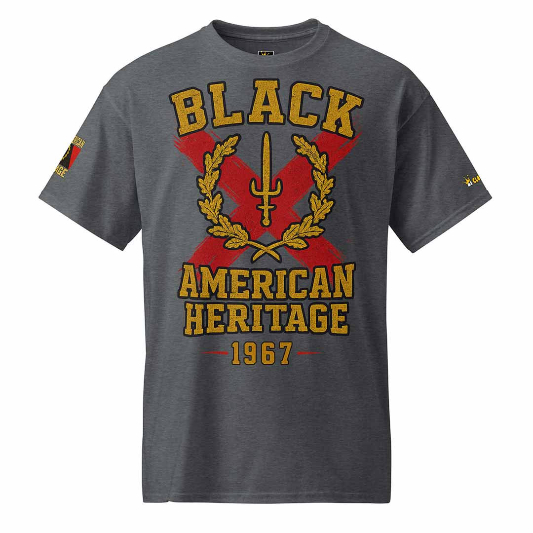 Black American Heritage Flag t-shirt in dark heather, front view, comfortable fit