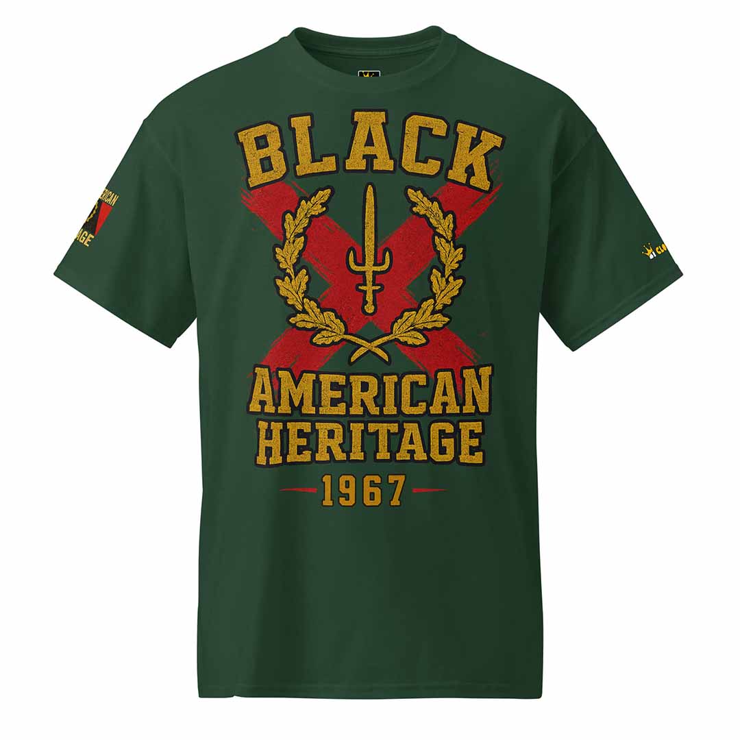 Black American Heritage Flag t-shirt in forest green, front view, cultural apparel