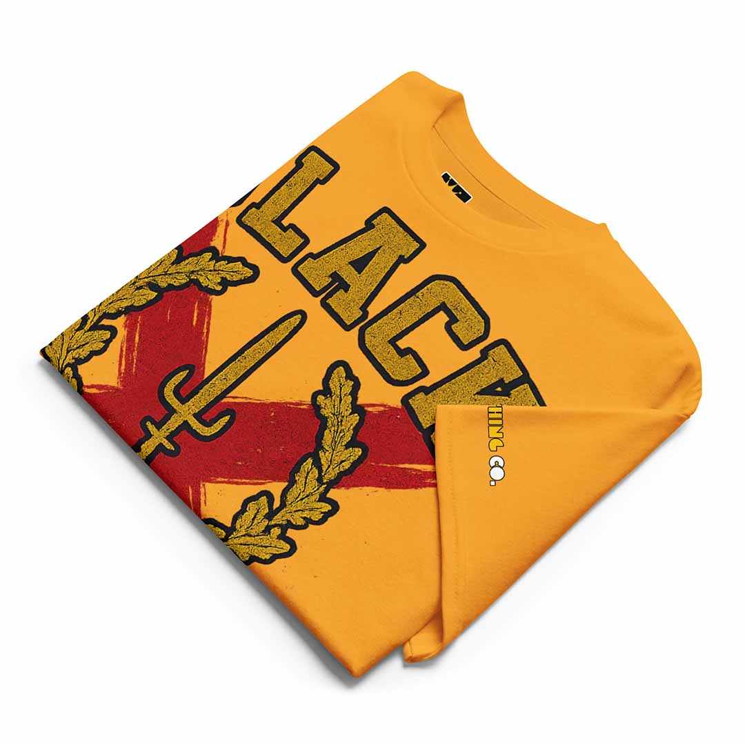 Black American Heritage Flag t-shirt in gold, front view, symbolic design