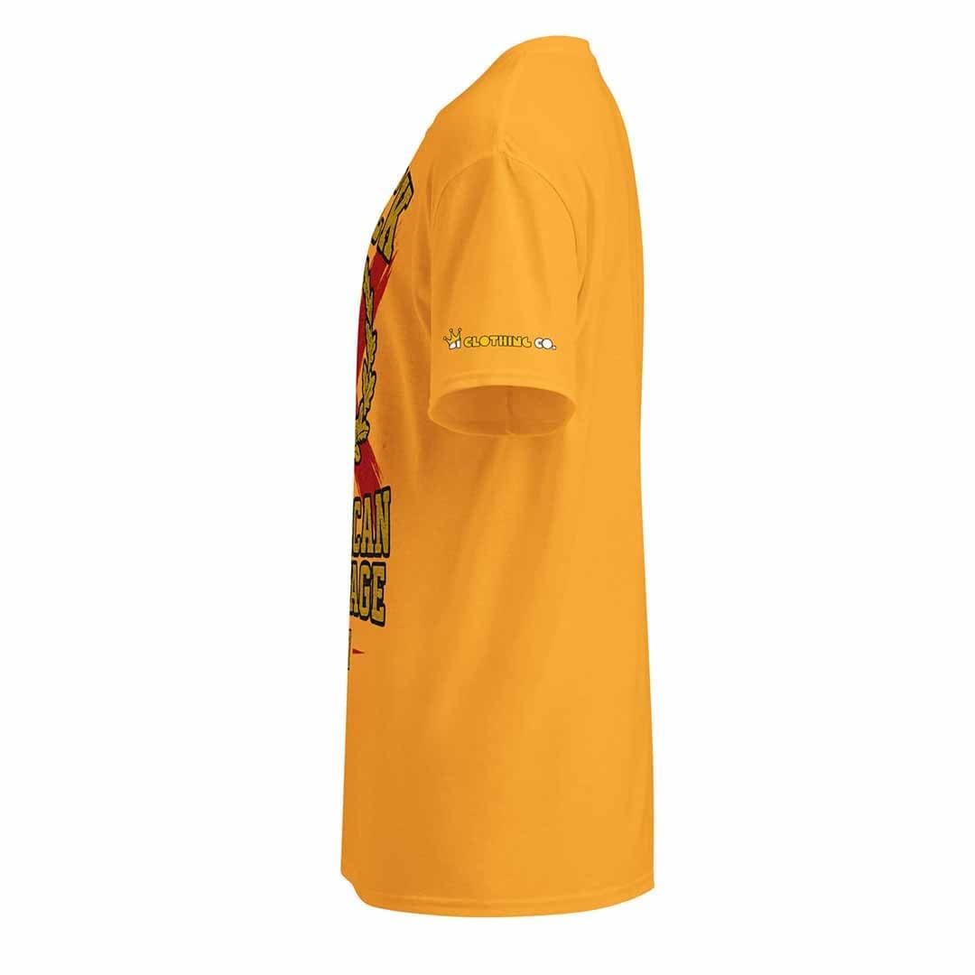 Black American Heritage Flag t-shirt in gold, left side view, tear-away label