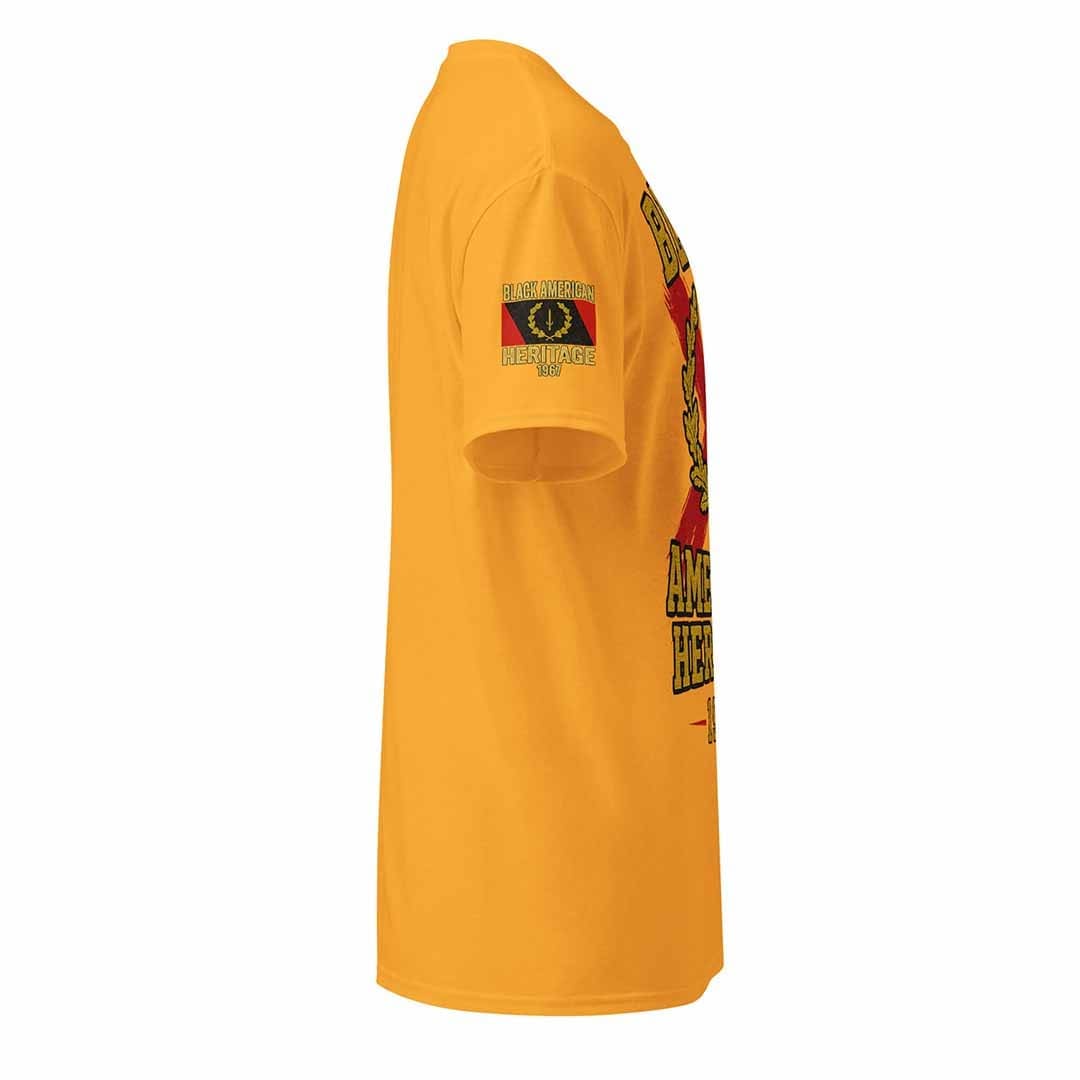 Black American Heritage Flag t-shirt in gold, right side view, durable fabric