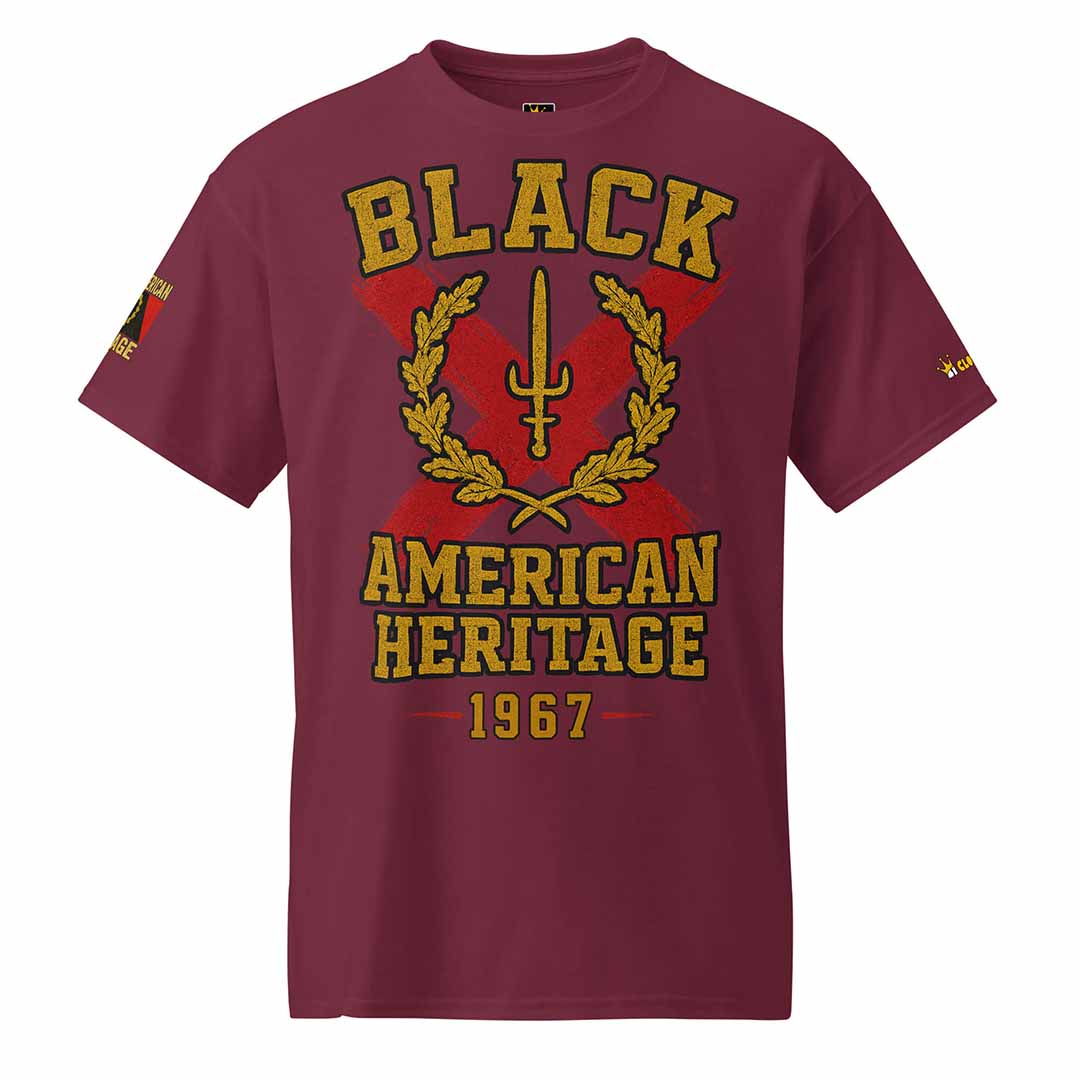 Black American Heritage Flag t-shirt in maroon, front view, heritage pride
