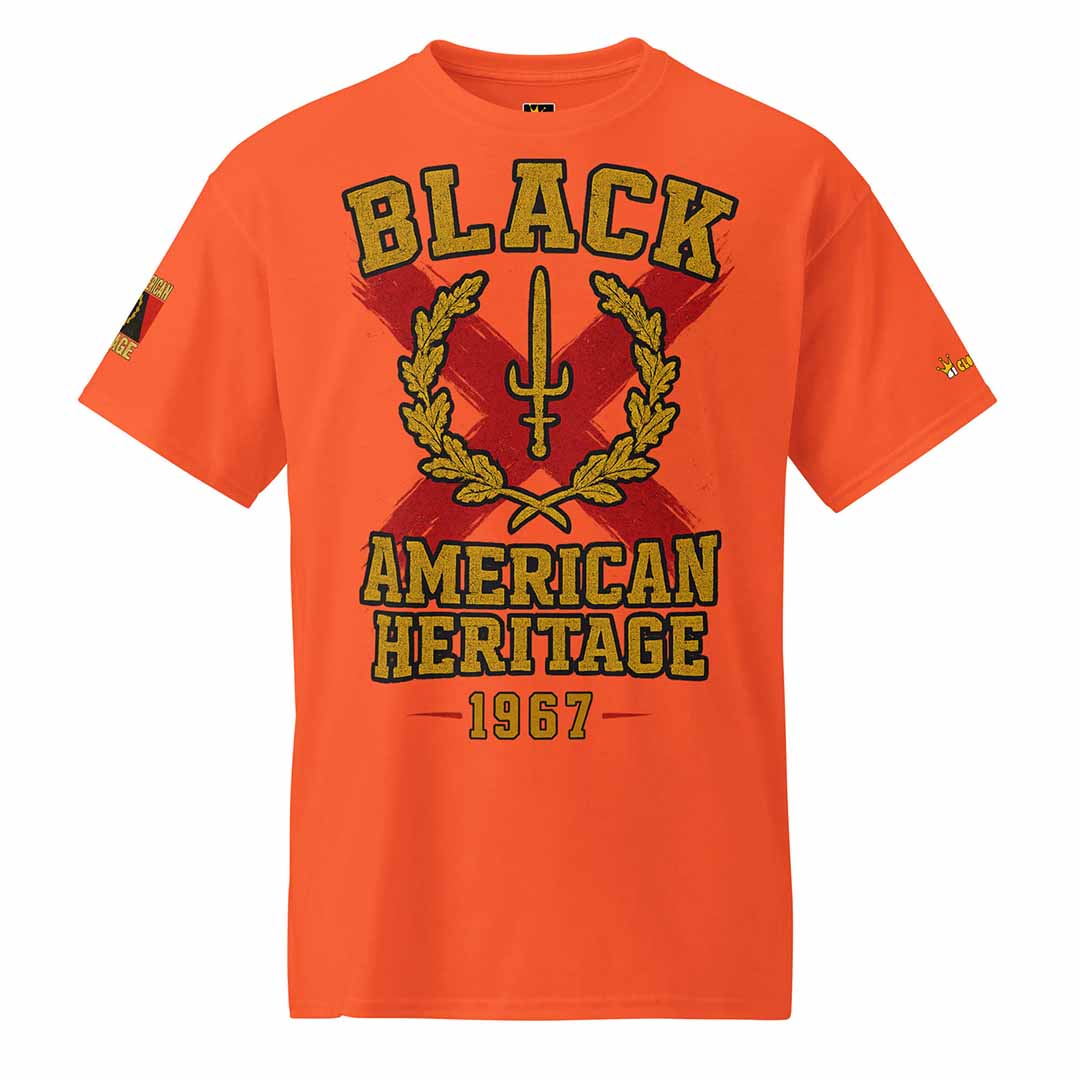 Black American Heritage Flag t-shirt in orange, front view, cultural statement