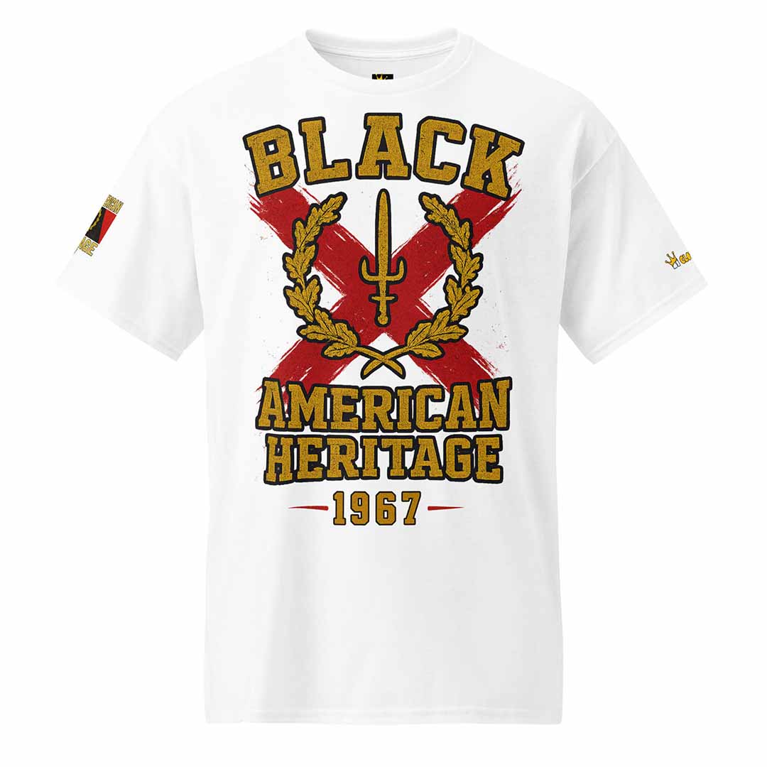 Black American Heritage Flag t-shirt in white, front view, cultural pride