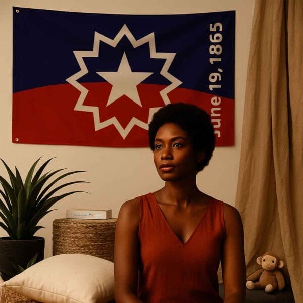 Juneteenth Flag Tapestry displayed as Black American heritage wall art in a cozy bedroom setting, with a person sitting in front, emphasizing its aesthetic appeal and cultural significance.