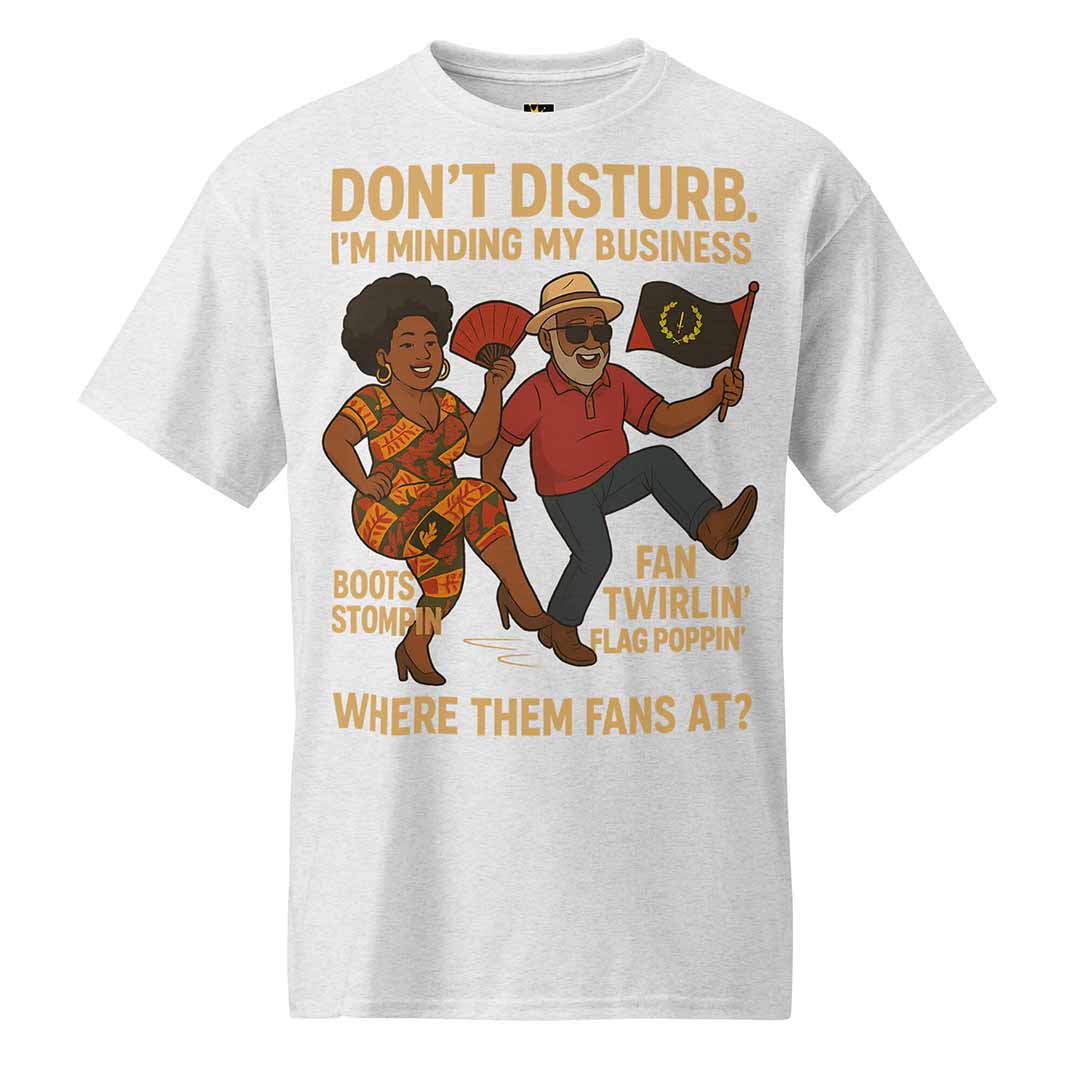 Front of ash gray "Minding My Business" soul line dancing tee with fan and flag design