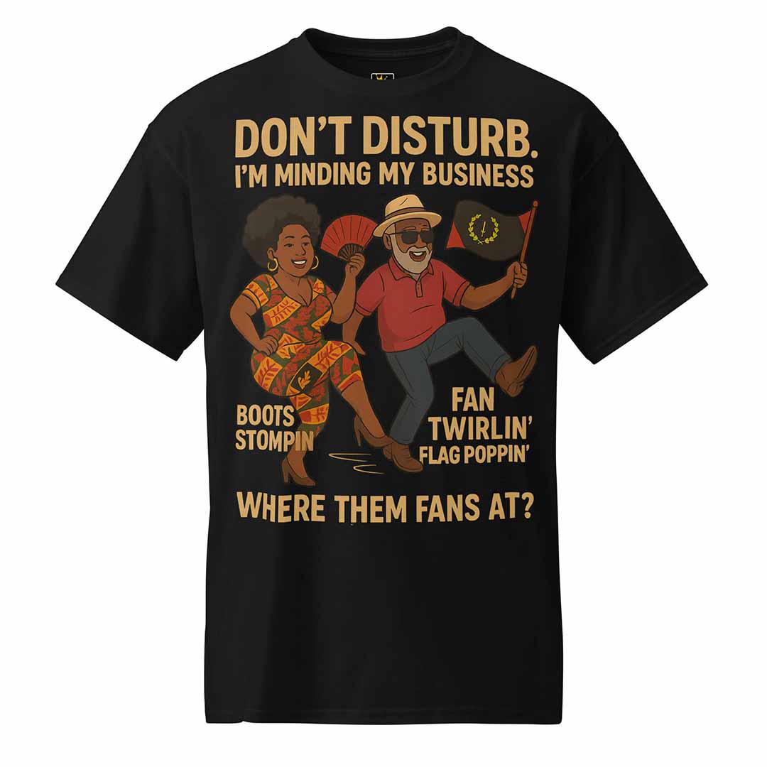 Black "Minding My Business" T-shirt with dancing couple and heritage flag graphic