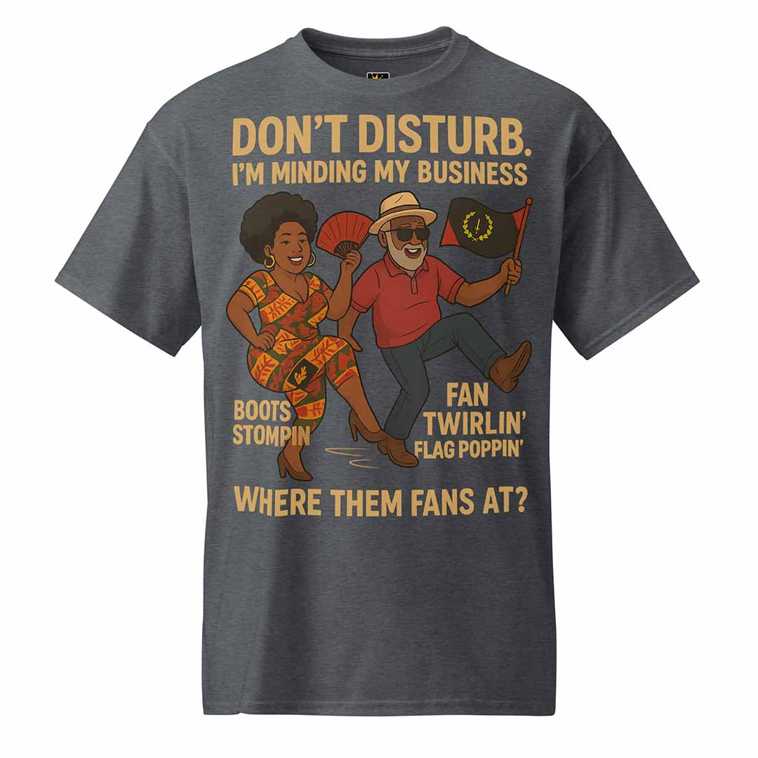 Front design of dark heather "Minding My Business" T-shirt with Freedmen couple dancing