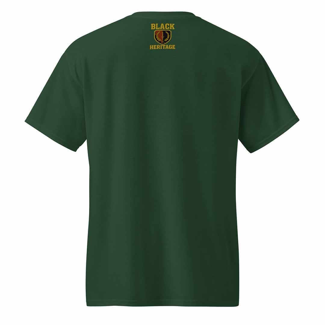 Forest green tee, rear design showing cultural pride and movement