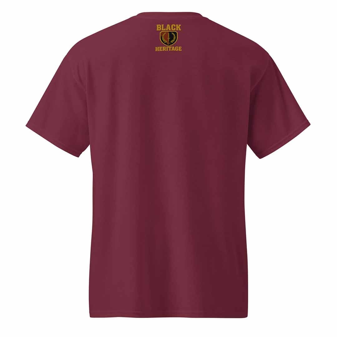Back of maroon heritage tee from the Minding My Business collection
