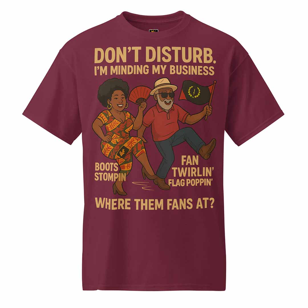 Front design of maroon "Minding My Business" tee honoring Black line dance culture