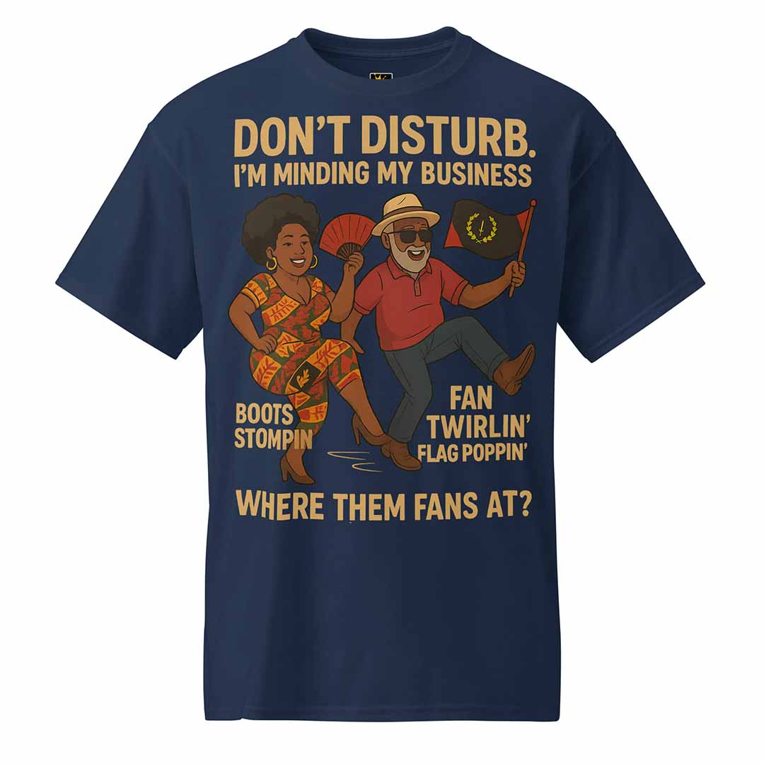 Navy "Minding My Business" T-shirt with cultural celebration and dancing couple