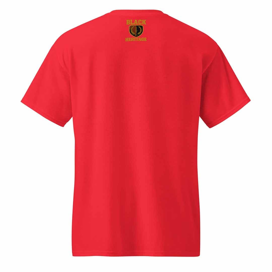 Red shirt, back view showing celebration of Black Freedmen with heritage flag
