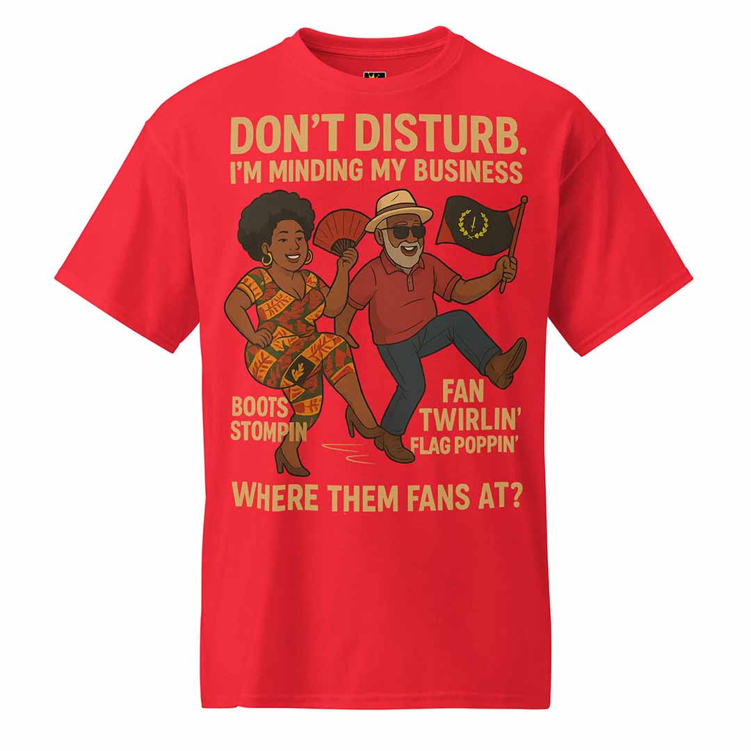 Front of red "Minding My Business" shirt featuring bold dancing design