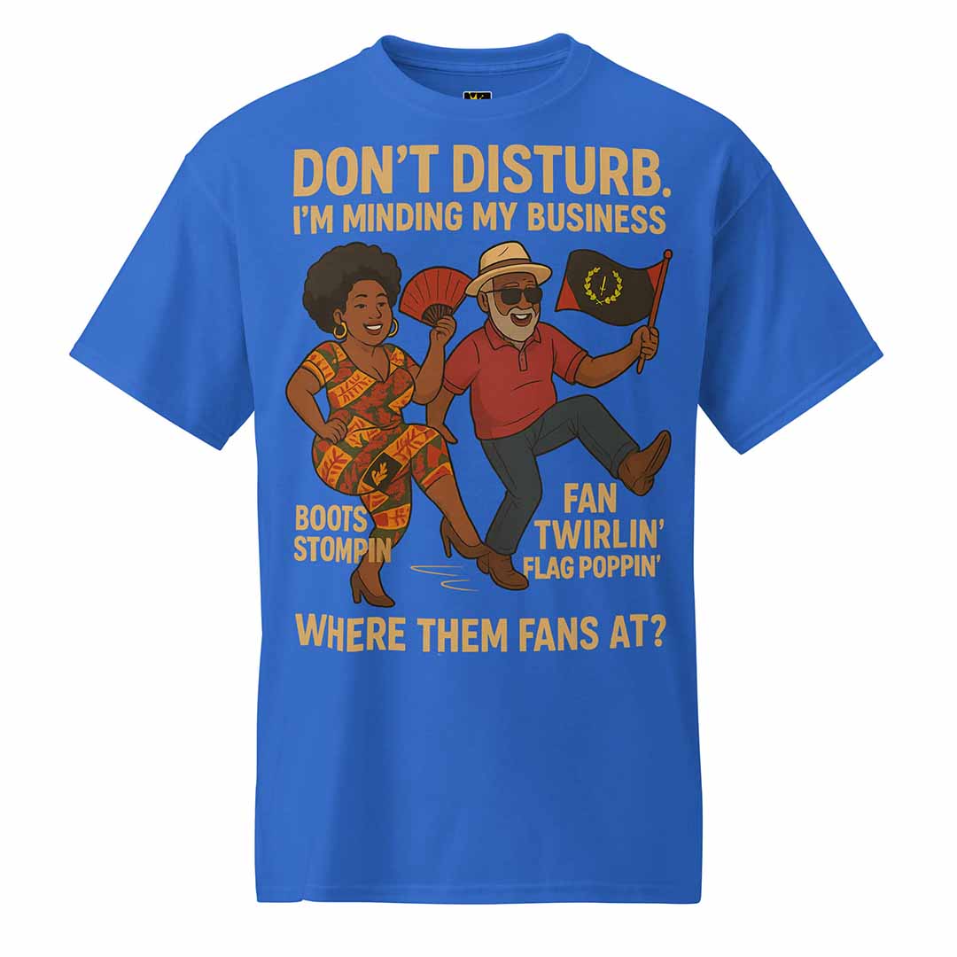 Royal blue front view of Minding My Business tee with dancing Freedmen couple and flag