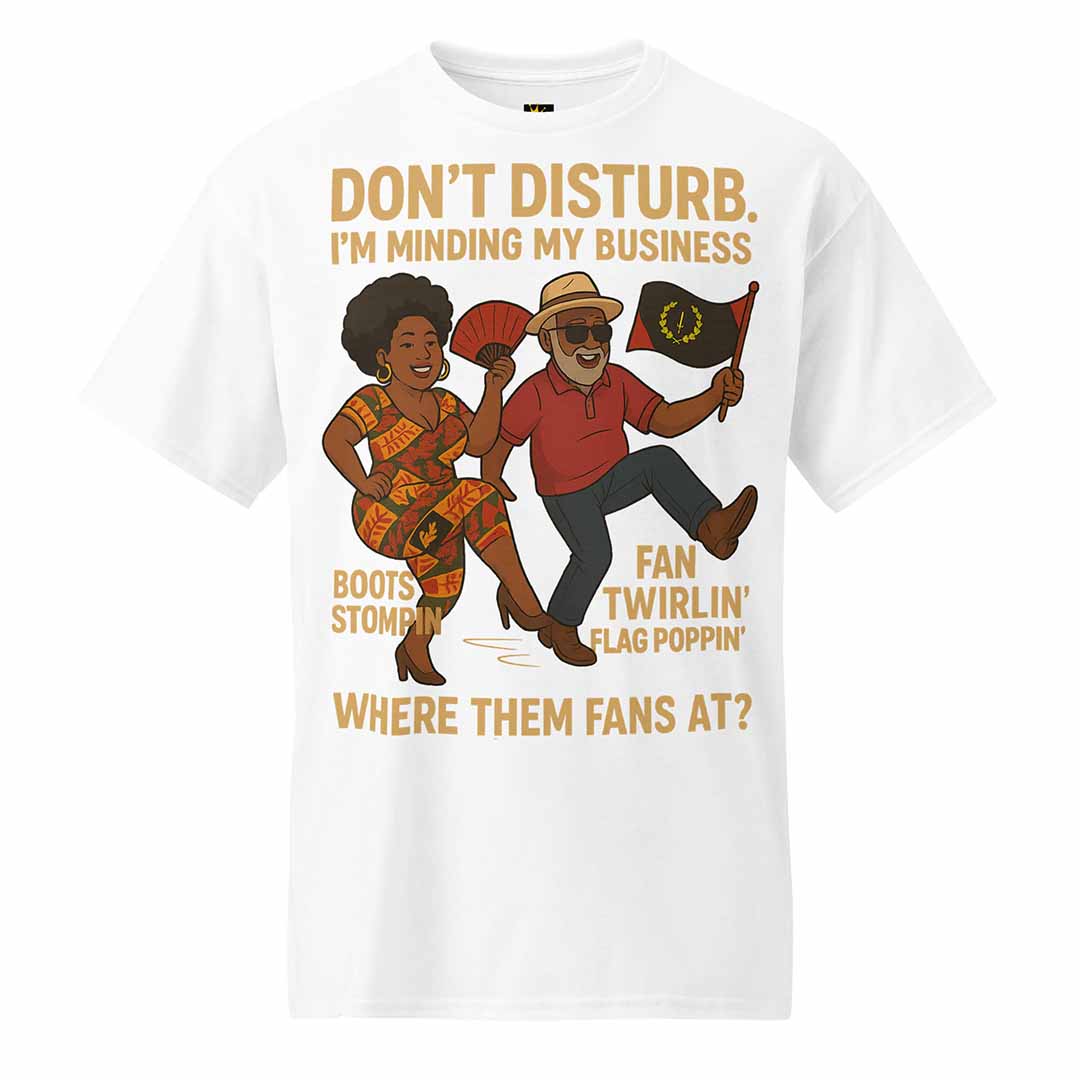 Front of white "Minding My Business" T-shirt featuring Black cultural pride and movement
