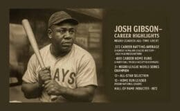 Sepia portrait of Josh Gibson in a Homestead Grays uniform standing ready at bat in a vintage Negro League stadium, honoring his baseball legacy.