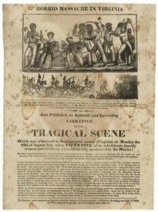 1831 broadside illustration titled “Horrid Massacre in Virginia,” depicting events from Nat Turner’s rebellion in Southampton County. The image shows Black rebels attacking a plantation family, reflecting the era’s reactionary portrayal of the uprising.