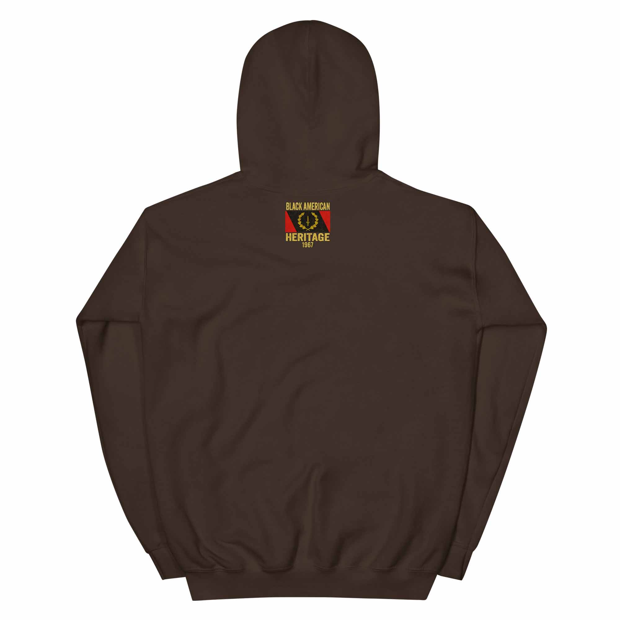 Back view of the B1Clothing Co. Black American Heritage 1967 Flag Hoodie in dark chocolate.
