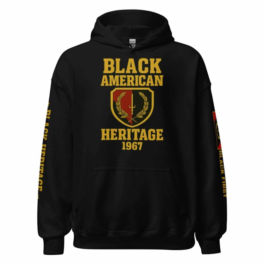 Front view of the B1Clothing Co. Black American Heritage 1967 Flag Hoodie in black.