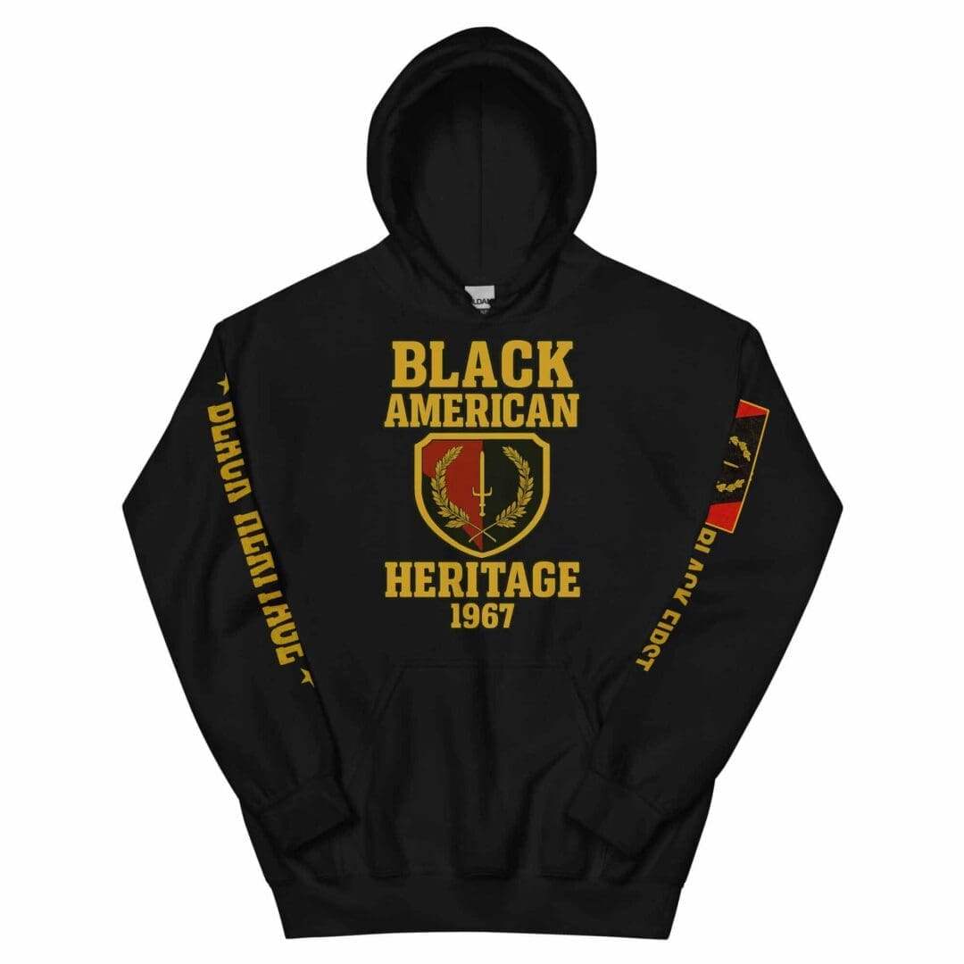 Front view (hood up) of the B1Clothing Co. Black American Heritage 1967 Flag Hoodie in black.